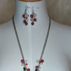 Handmade Necklace and earing set Round glass beads red & clear/Silver womens